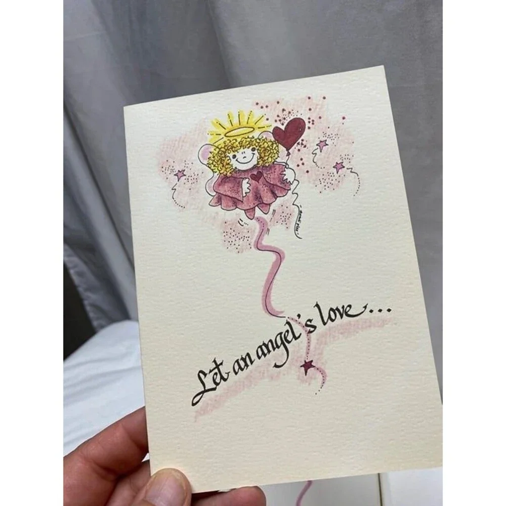 8A vintage 1990 stationery whimsical illustration of winged angel greeting card
